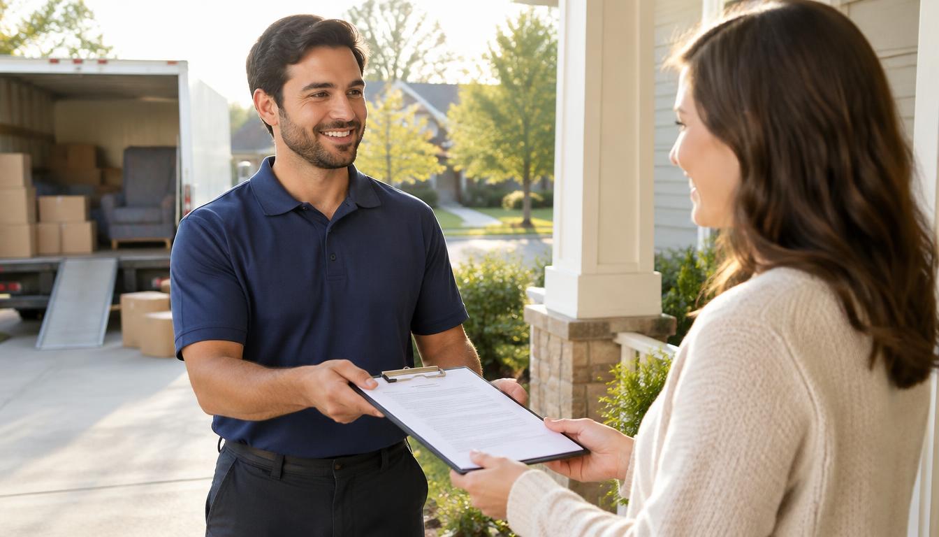 A family reviewing a moving contract with a mover at their front door