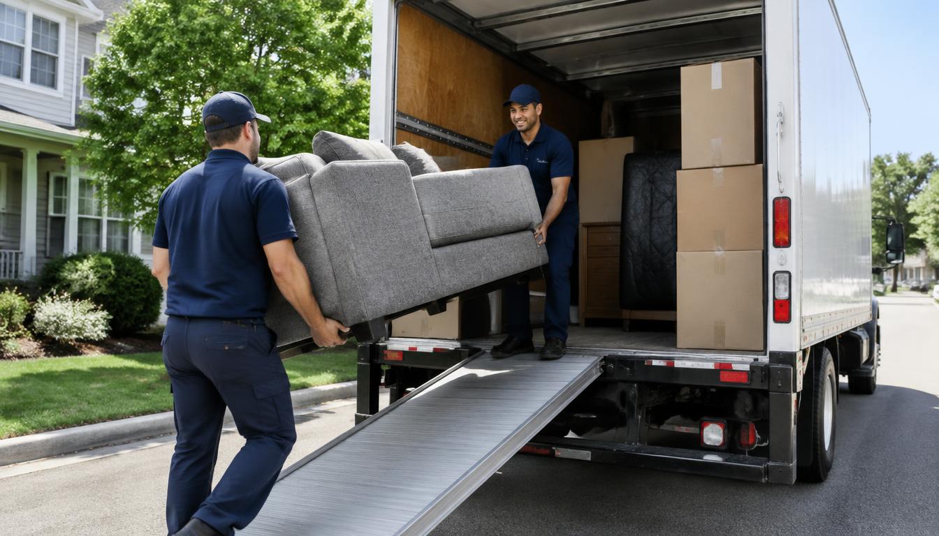 Moving boxes and furniture being loaded into a long-distance moving truck