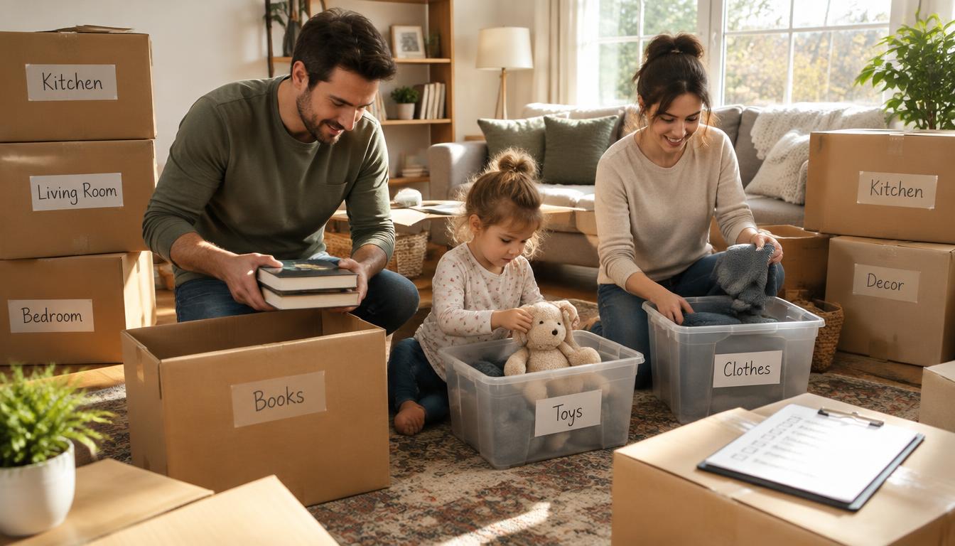 A family reviewing a moving checklist while sitting among packed boxes in their living room