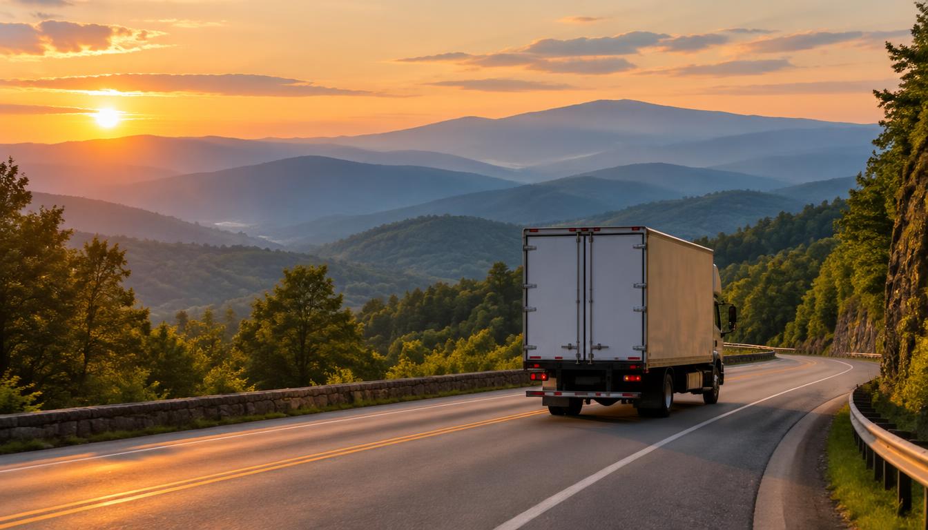 Moving truck on the highway representing a move from Florida to Asheville