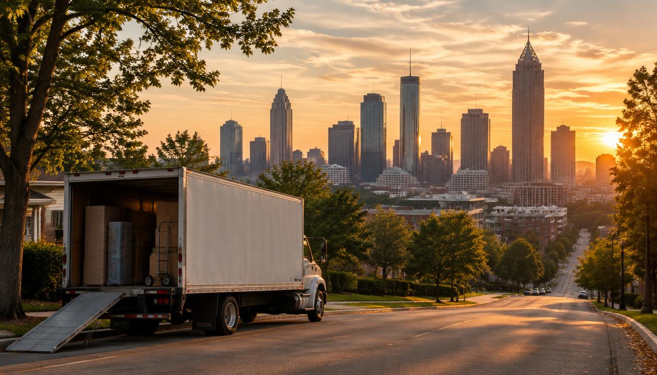 The Atlanta skyline at sunset with a moving truck in the foreground