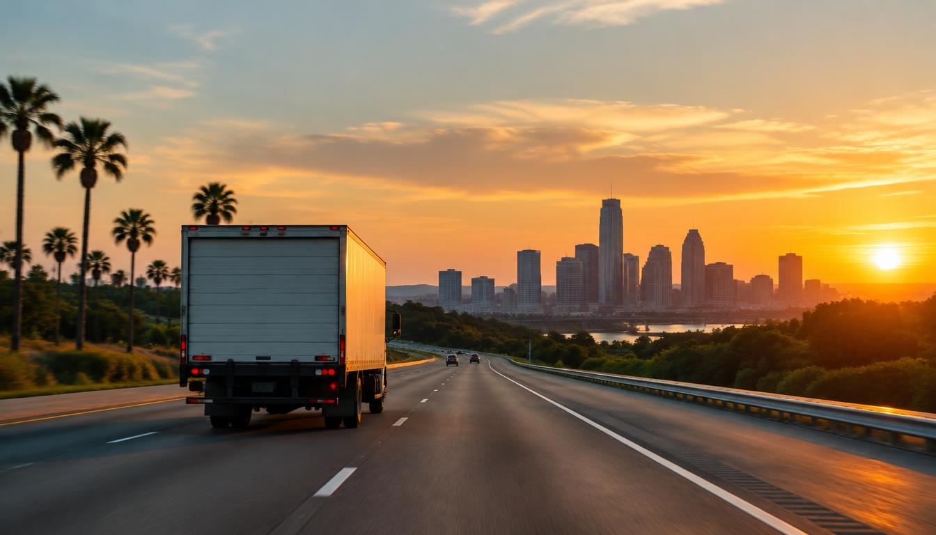 A moving truck on the highway representing a move from Florida to Austin