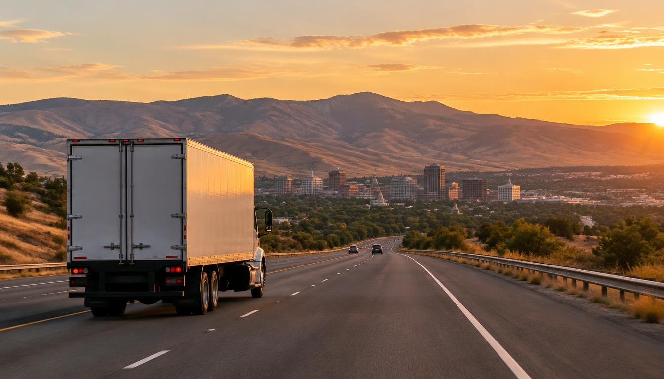 Moving truck on a highway representing a long-distance move from Florida to Boise, Idaho