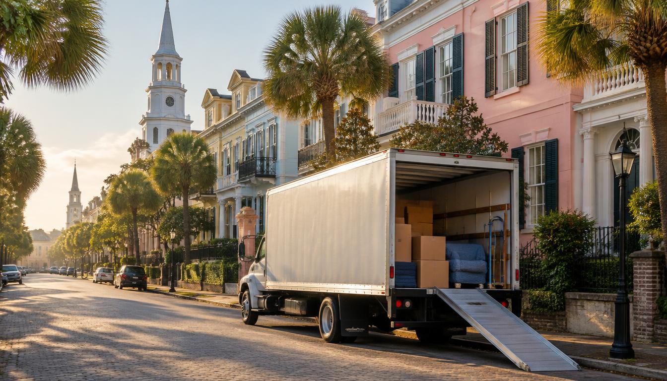 Moving truck on the highway representing a move from Florida to Charleston
