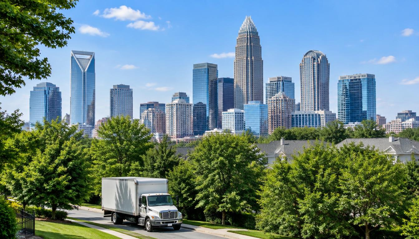 The Charlotte, North Carolina skyline with green trees in the foreground during a sunny day