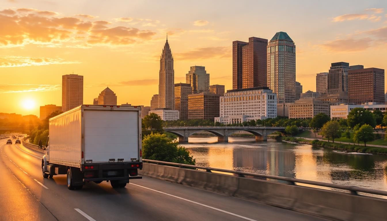 Moving truck on the highway representing a move from Florida to Columbus