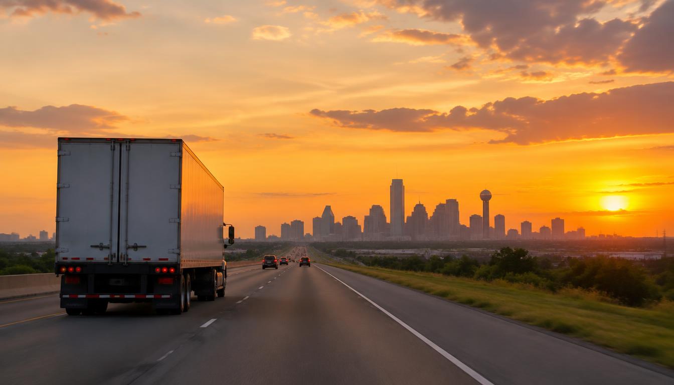 A moving truck on the highway representing a move from Florida to Dallas