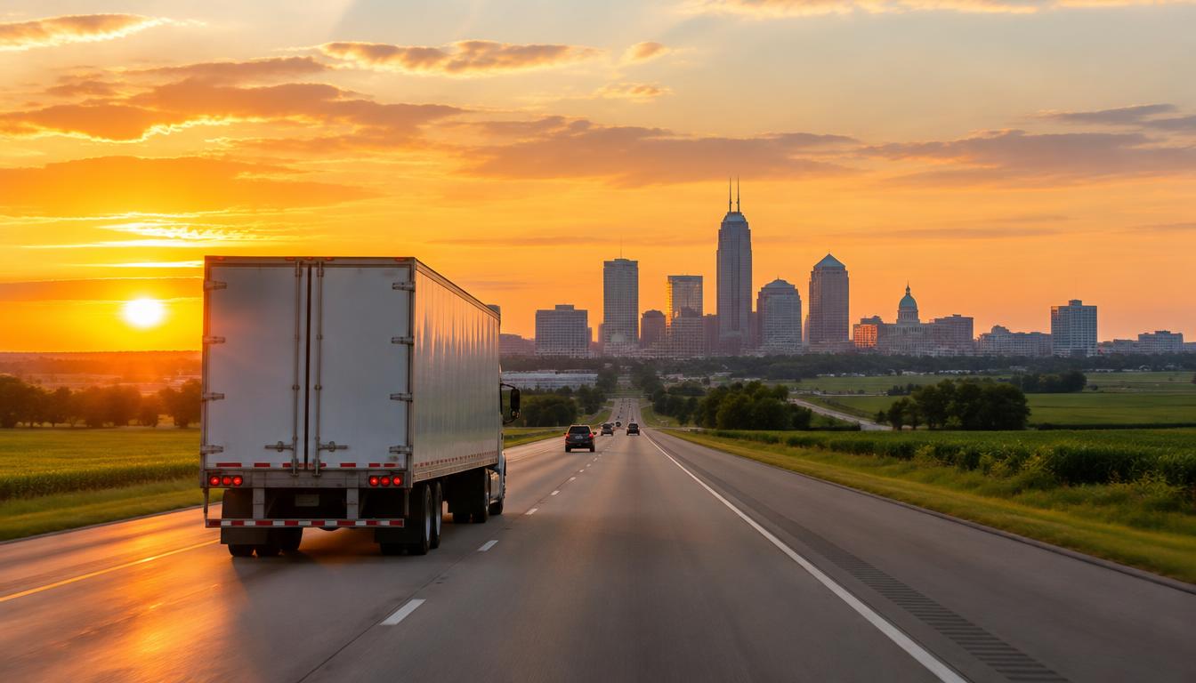 Moving truck on a highway representing a long-distance move from Florida to Indianapolis, Indiana