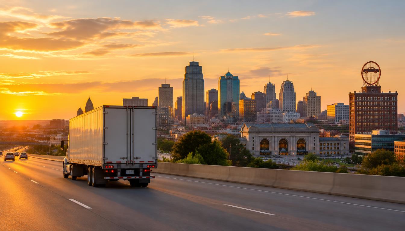 Moving truck on a highway representing a long-distance move from Florida to Kansas City, Missouri