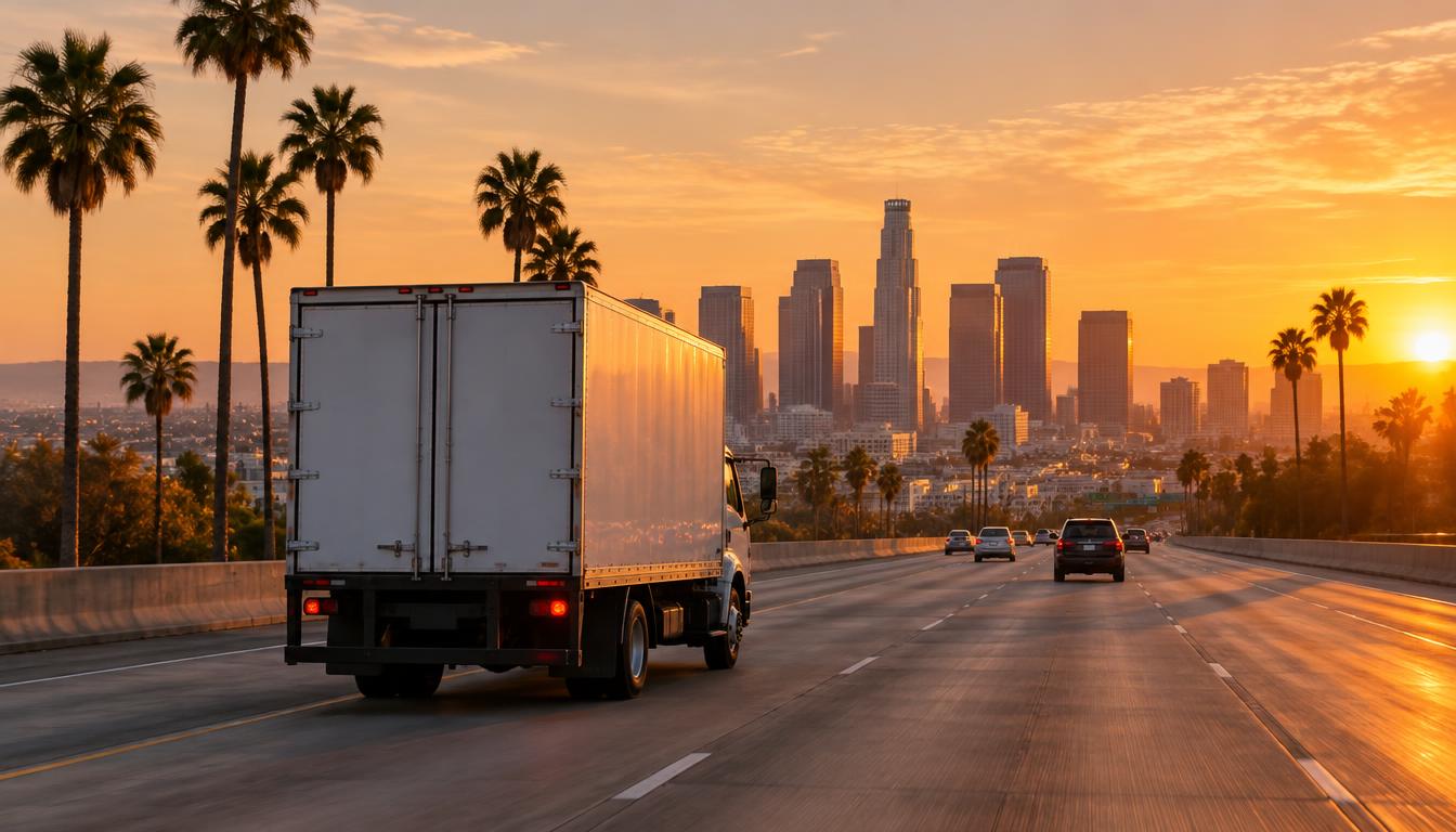 Moving truck on a highway representing a long-distance move from Florida to Los Angeles, California