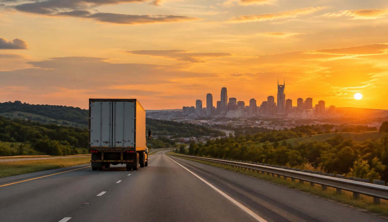 A moving truck on the highway representing a move from Florida to Nashville