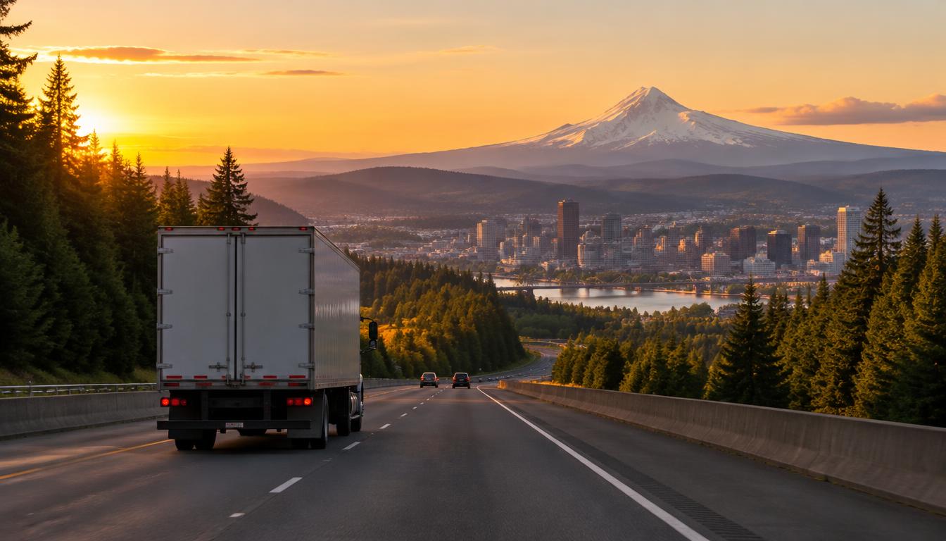 Moving truck on a highway representing a long-distance move from Florida to Portland, Oregon