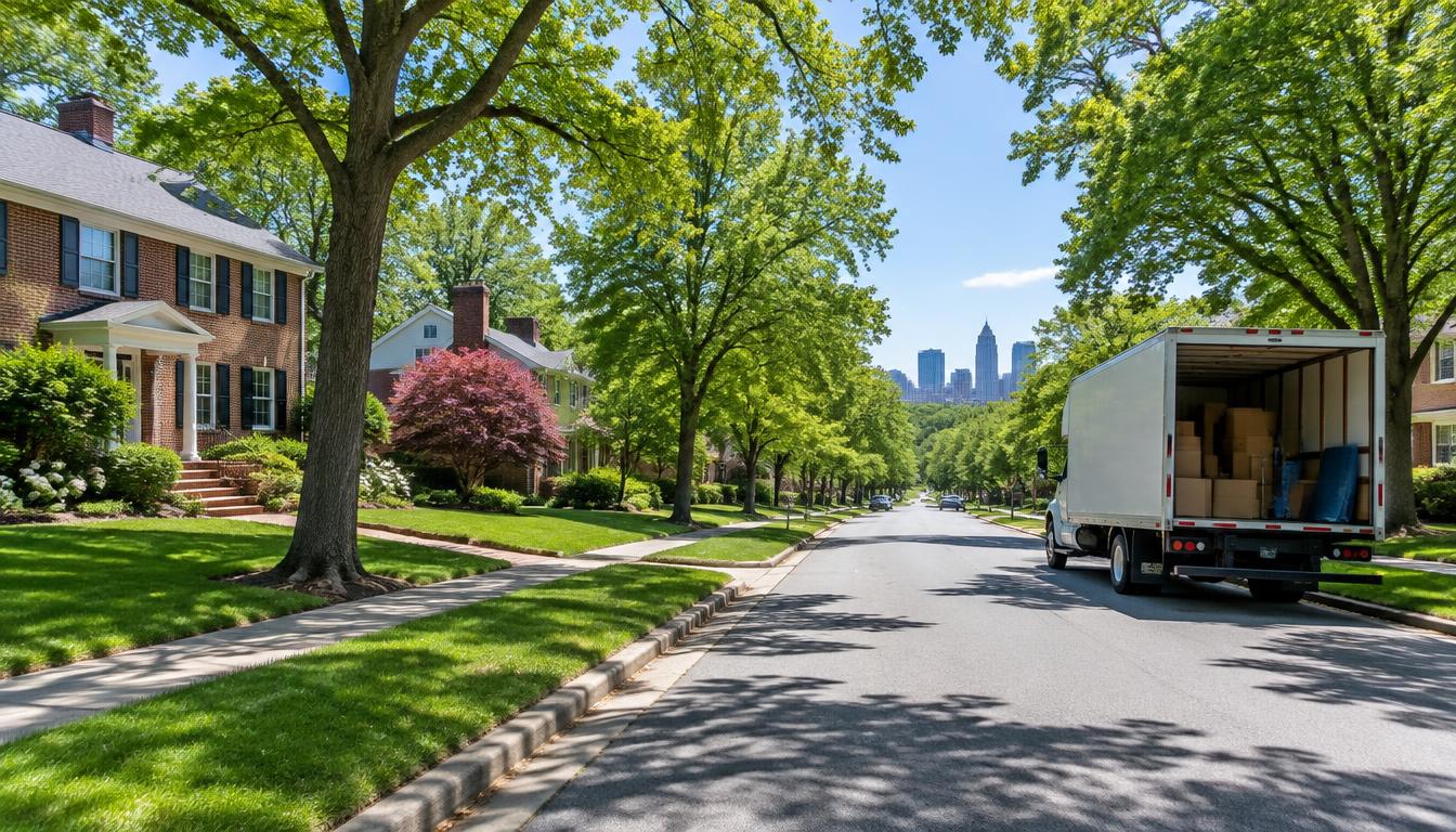 A tree-lined neighborhood street in Raleigh, North Carolina on a sunny day