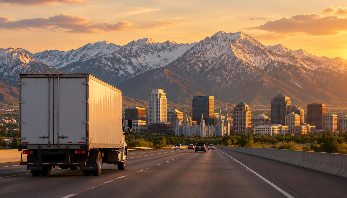 Moving truck on a highway representing a long-distance move from Florida to Salt Lake City, Utah