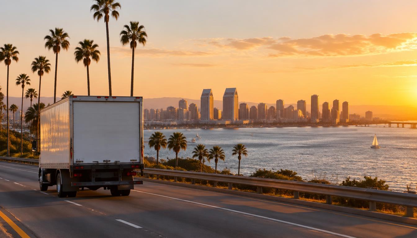 Moving truck on a highway representing a long-distance move from Florida to San Diego, California