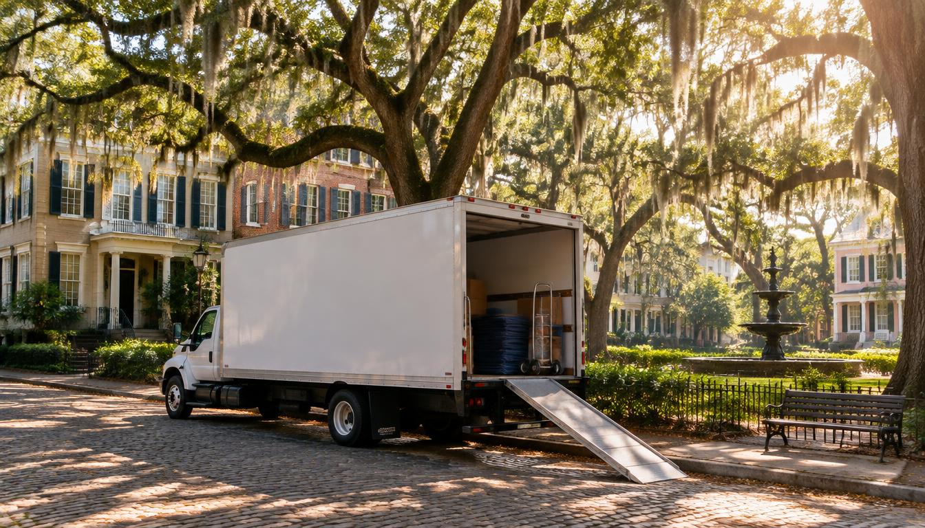 Moving truck on the highway representing a move from Florida to Savannah