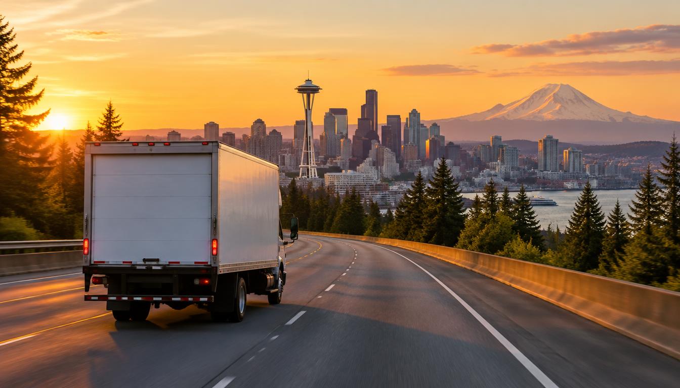 Moving truck on a highway representing a long-distance move from Florida to Seattle, Washington