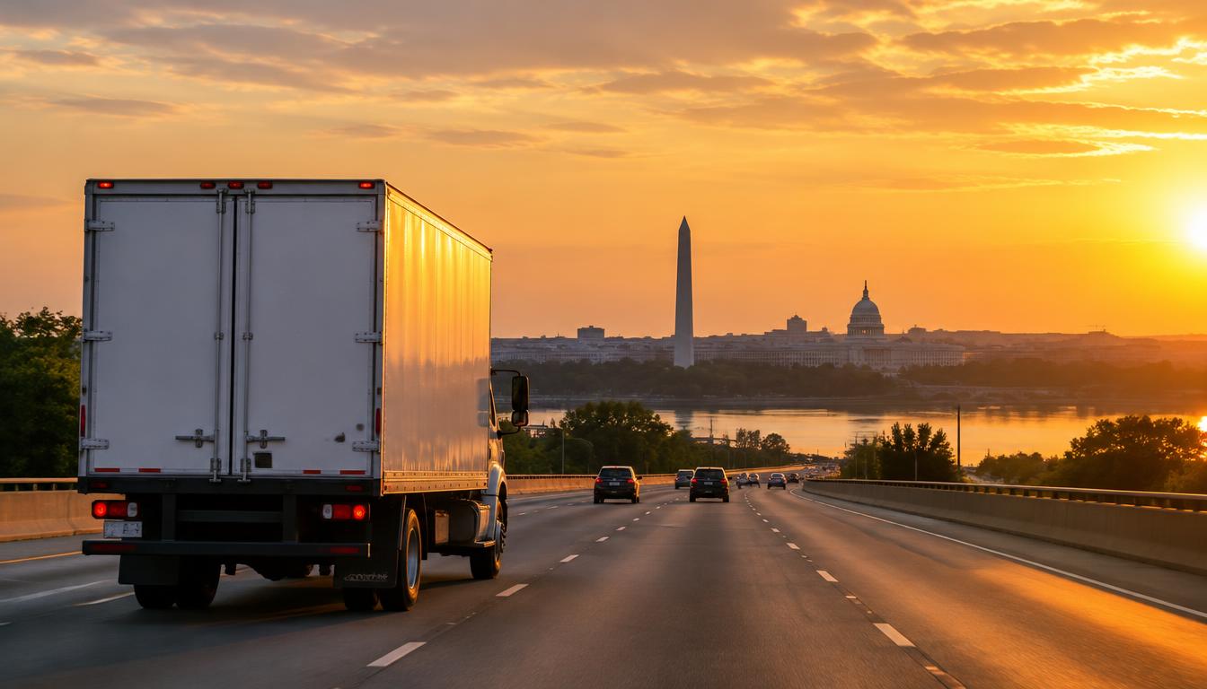 Moving truck on the highway representing a move from Florida to Washington, DC