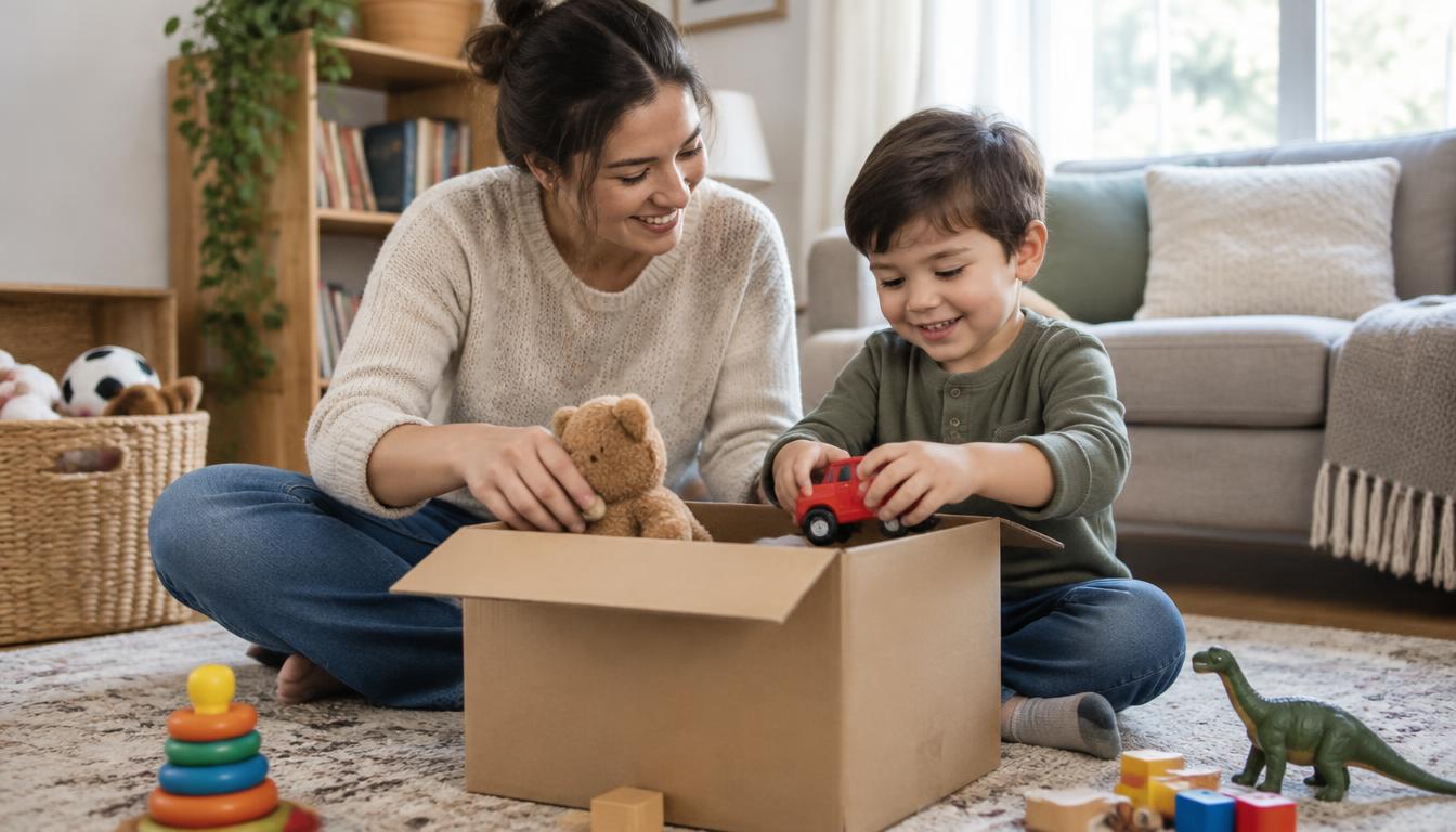 A parent and child sitting on the floor packing a box of toys together