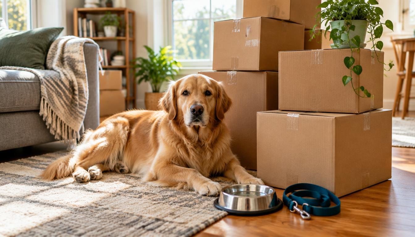 A dog resting calmly next to packed moving boxes in a sunlit room