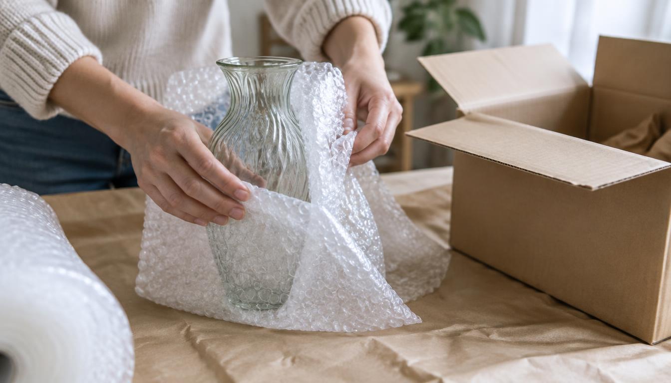 Hands wrapping a glass vase in bubble wrap before placing it in a labeled moving box