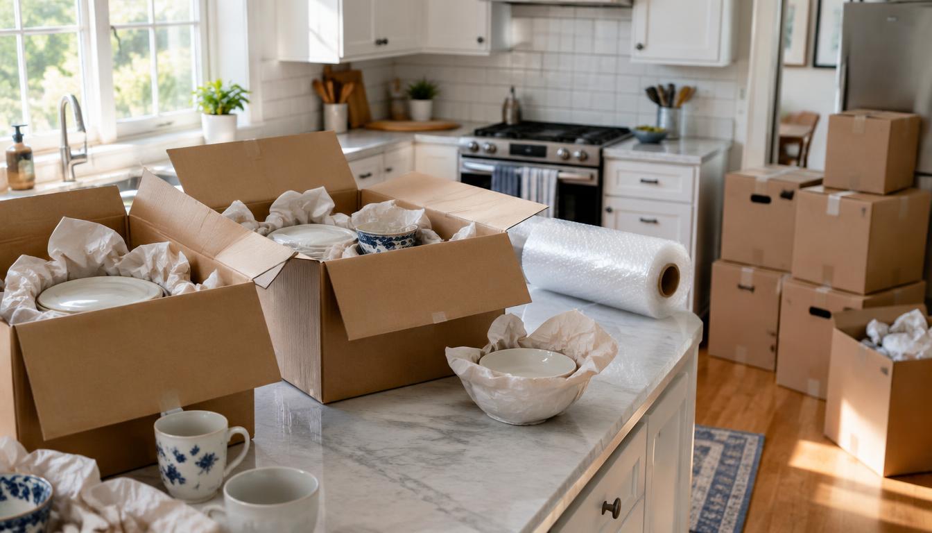 Open moving boxes in a kitchen filled with wrapped dishes, glasses, and labeled containers
