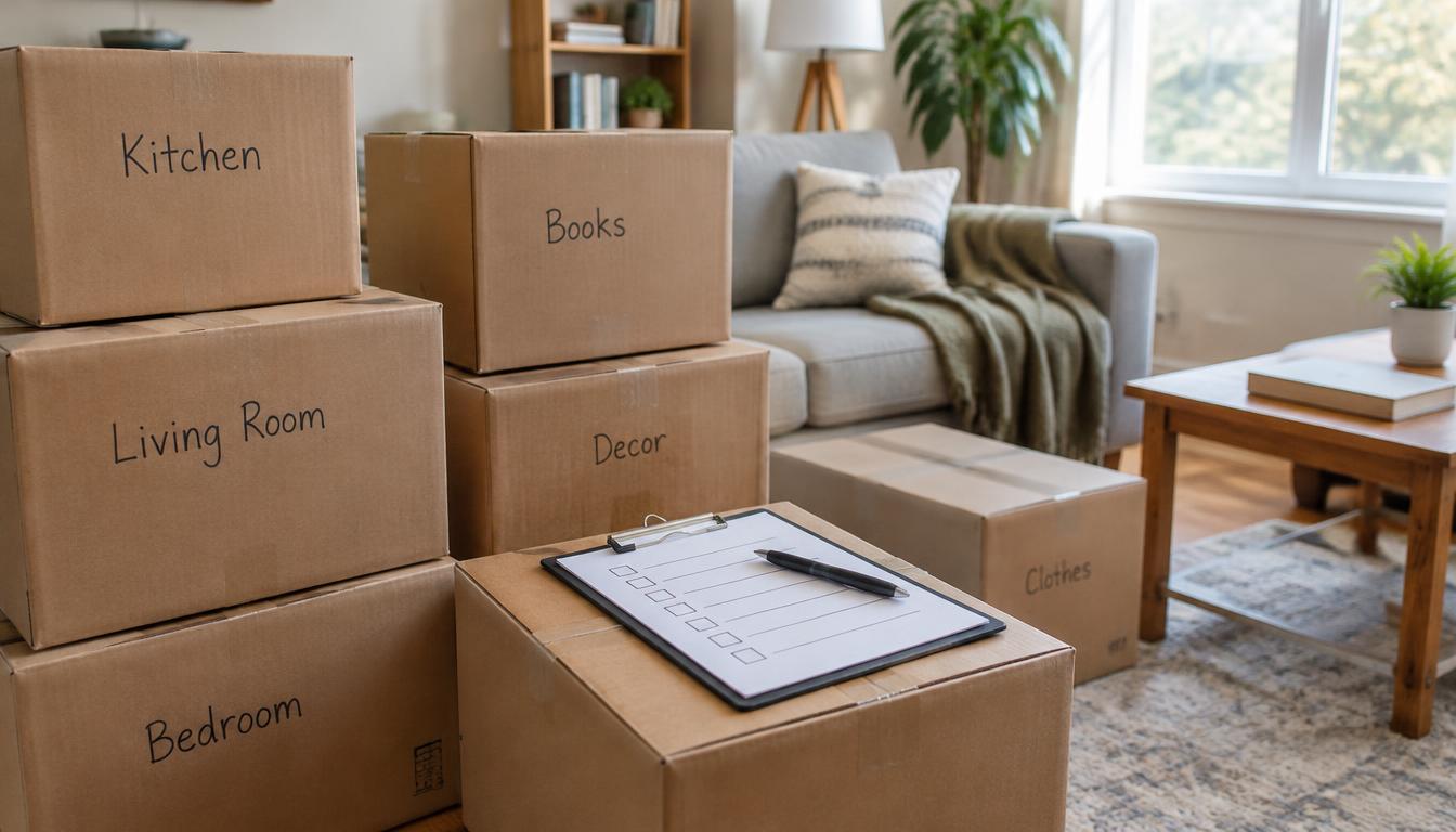 A homeowner labeling moving boxes in a living room the day before a move