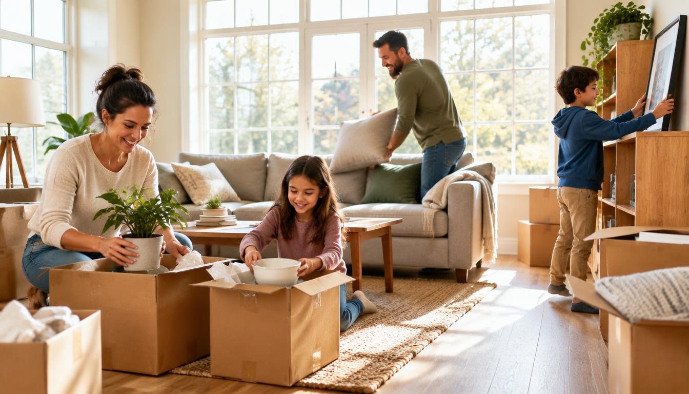 A family unpacking boxes and arranging furniture in a bright new living room