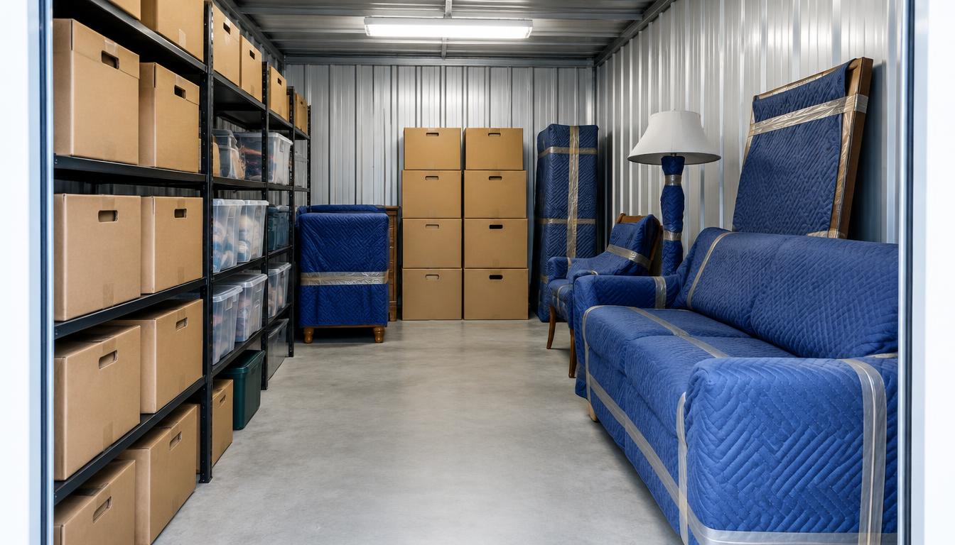 Organized storage unit with labeled boxes and furniture covered in protective blankets
